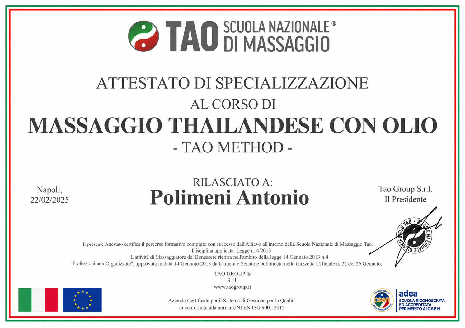 Attestato — Massaggio thailandese con olio