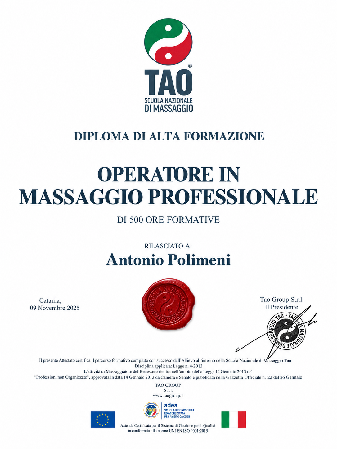 Operatore in Massaggio Professionale — Diploma di alta formazione di 500 ore
