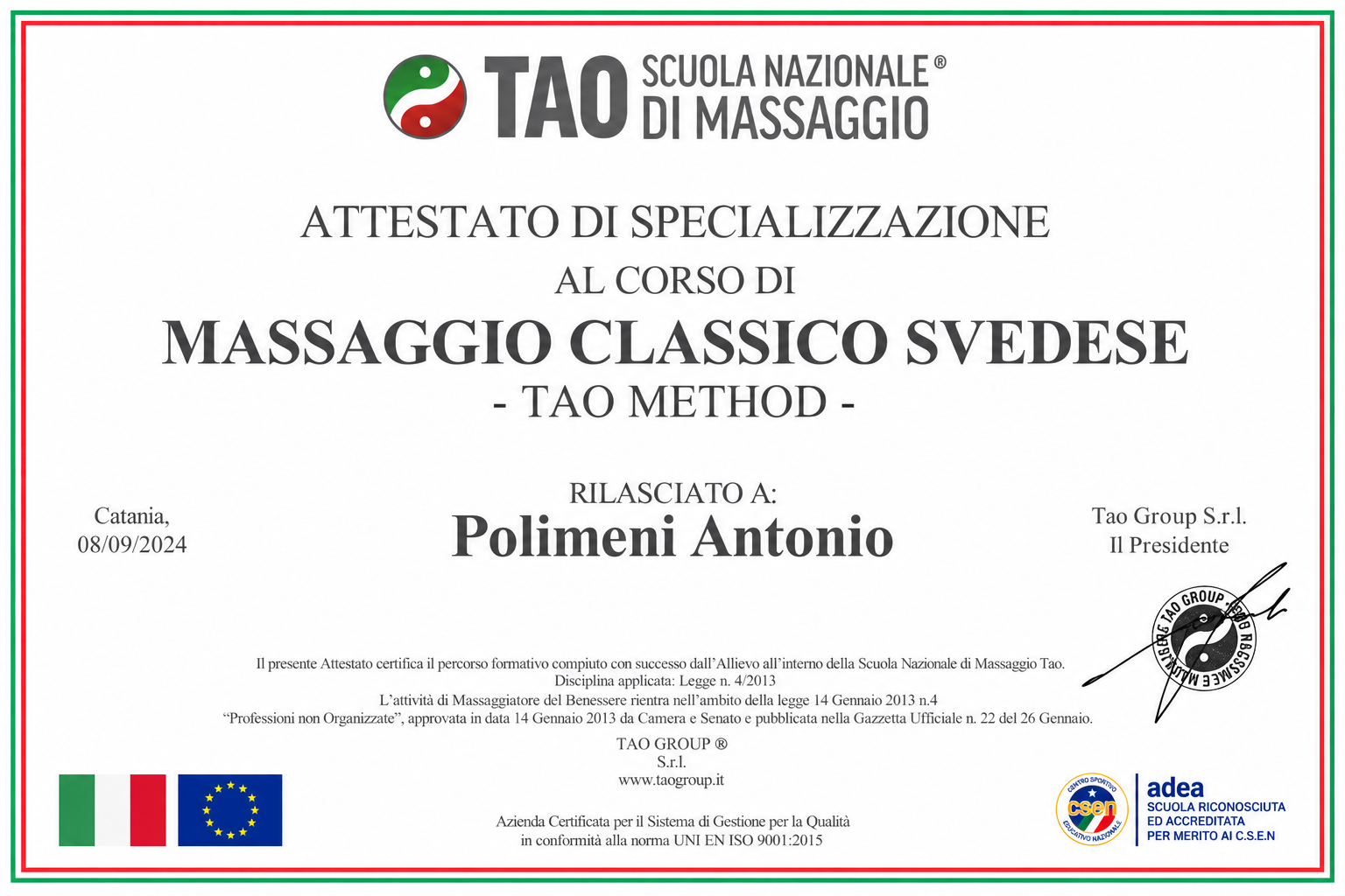 Attestato — Massaggio classico svedese