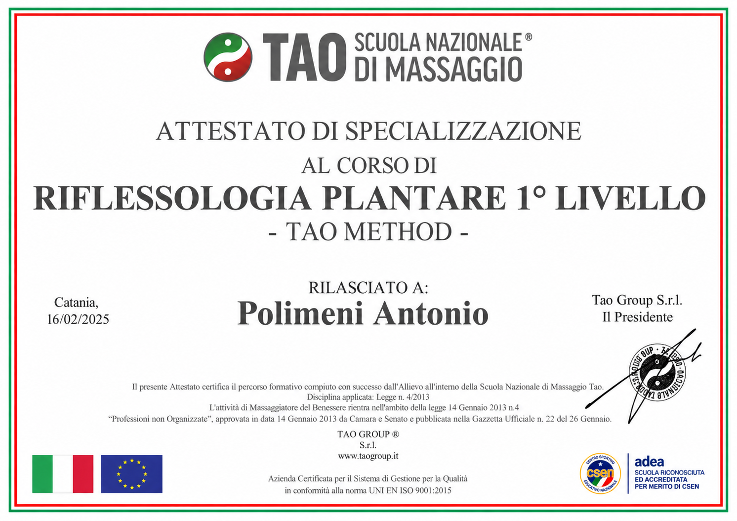 Attestato — Riflessologia plantare, primo livello