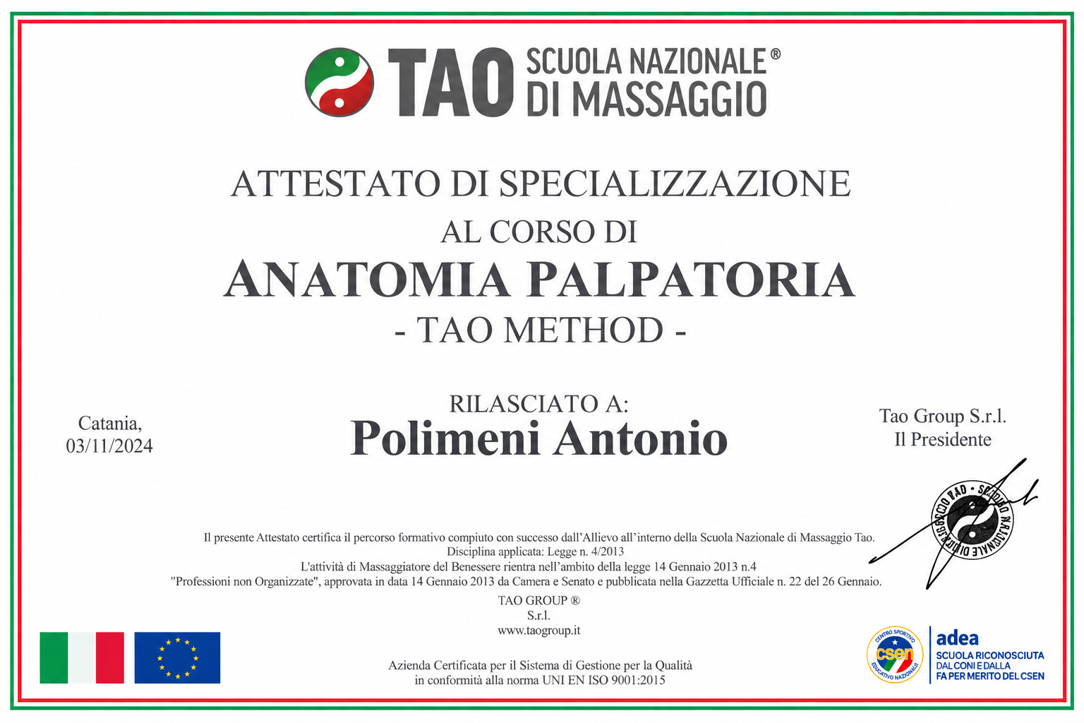 Attestato — Anatomia palpatoria