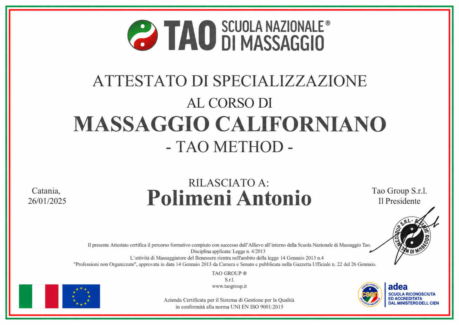 Attestato — Massaggio californiano