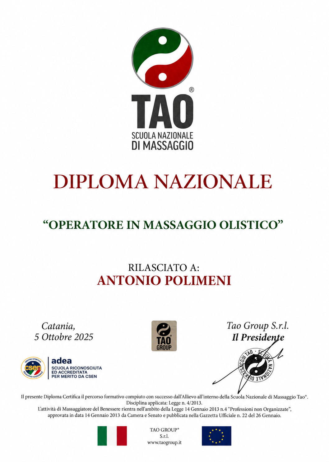 Diploma Nazionale — Operatore in Massaggio Olistico