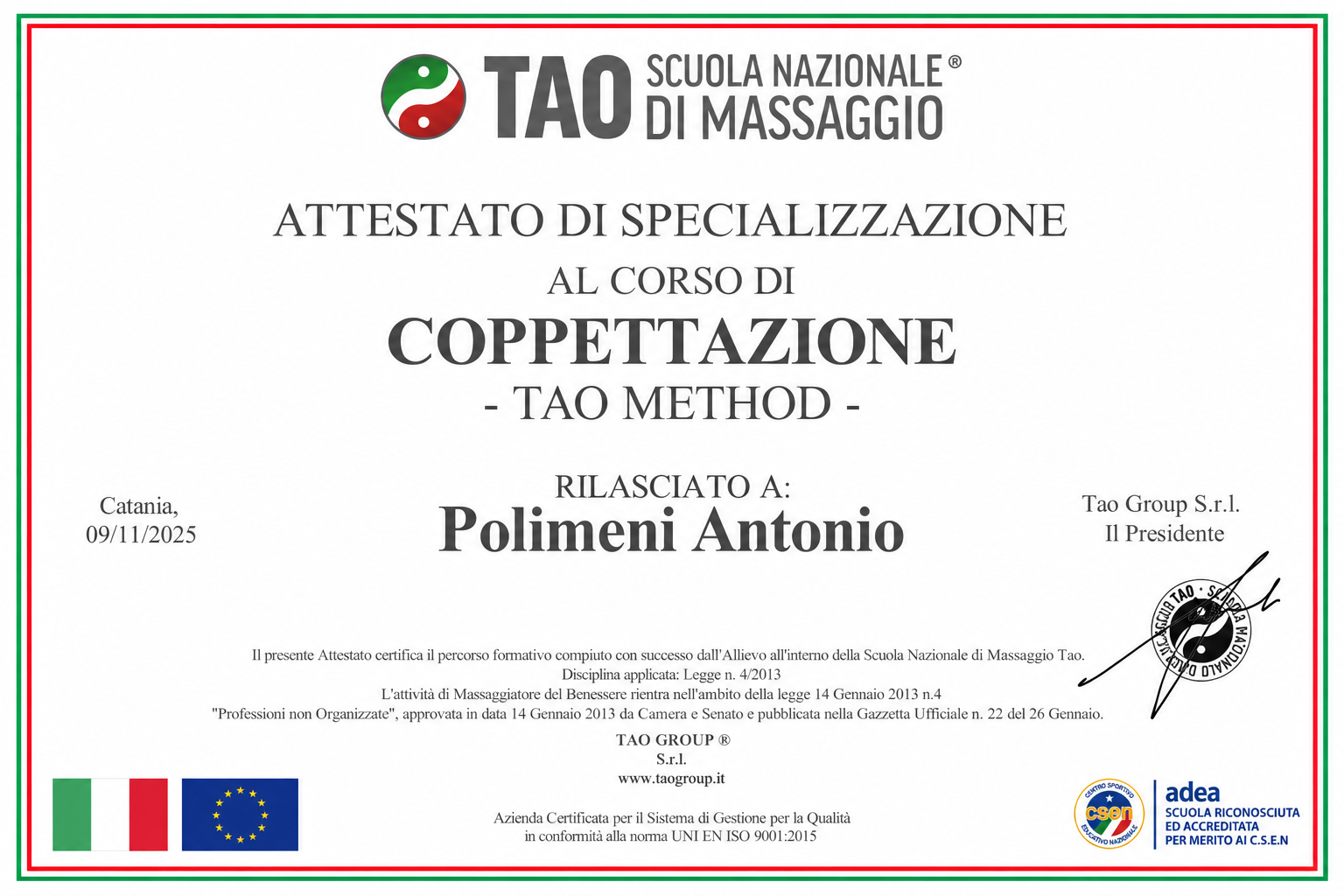 Attestato — Coppettazione