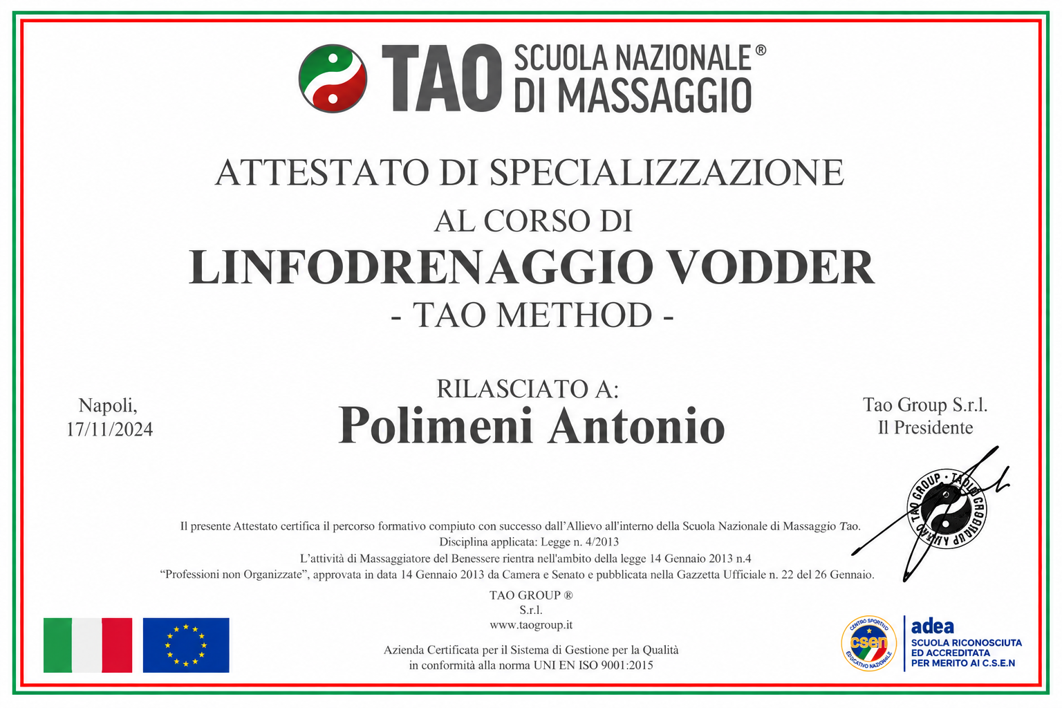 Attestato — Linfodrenaggio Vodder