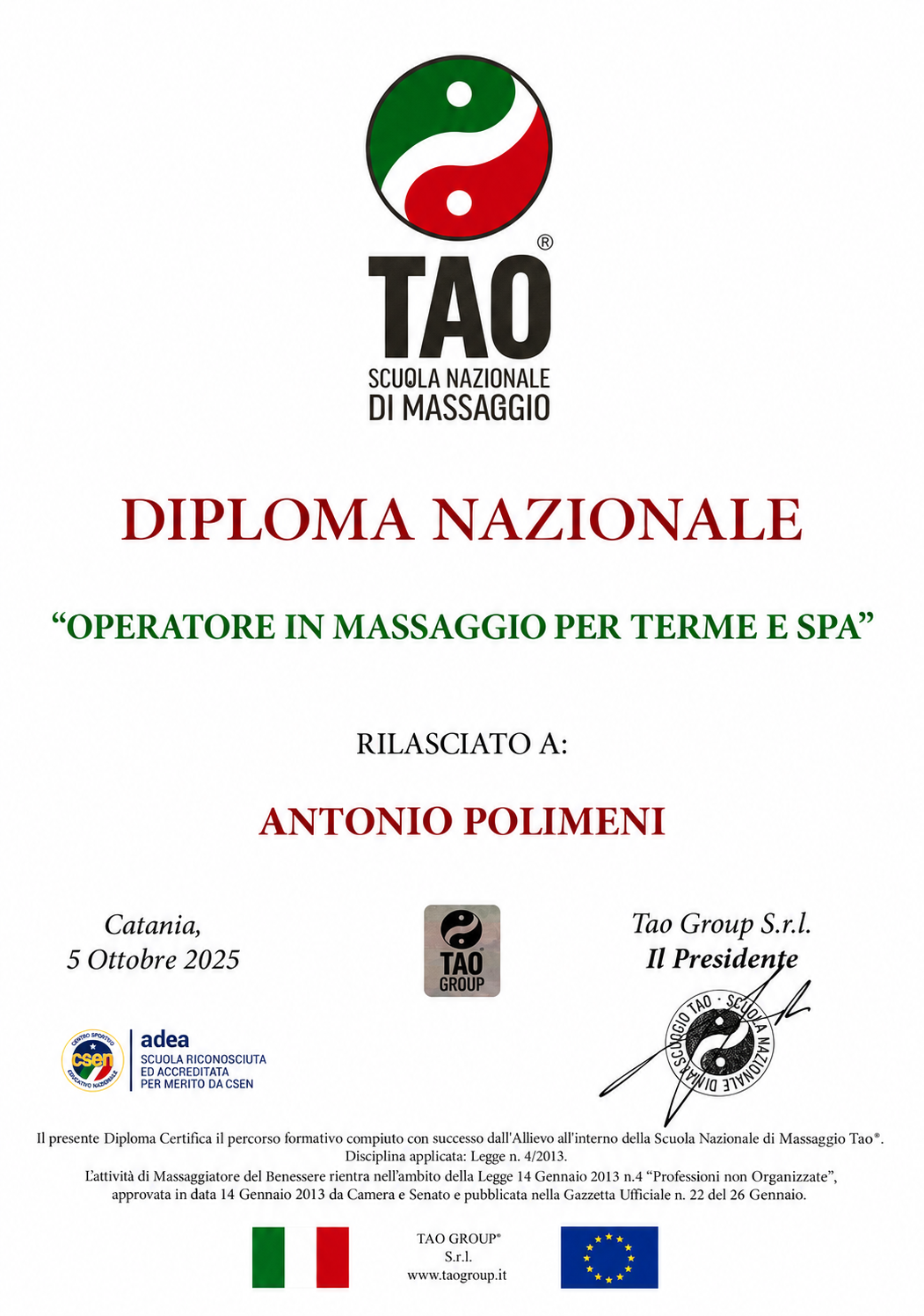 Diploma Nazionale — Operatore in Massaggio per Terme e SPA